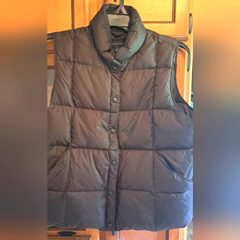 Mens Lands End Brown Snap Front Goose Down Light Puffer Vest Jacket Large  VTG